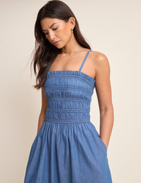Mid-Wash Denim Shirred Faith Midi Dress