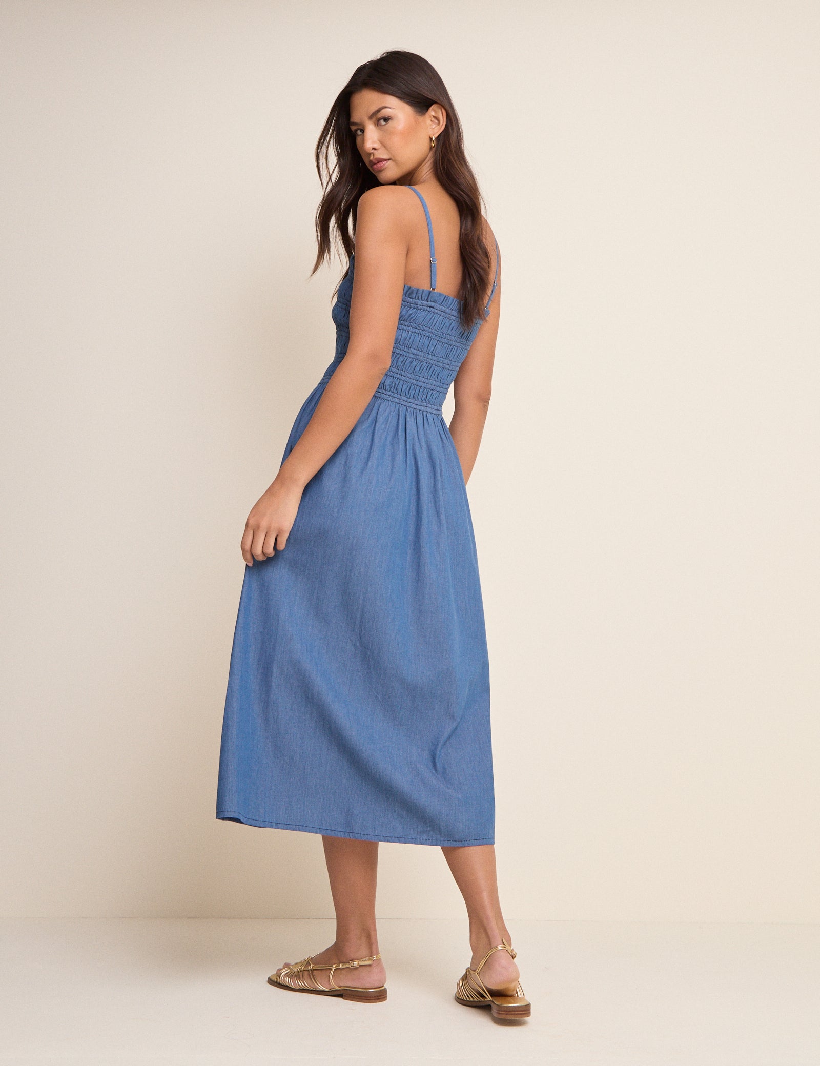Mid-Wash Denim Shirred Faith Midi Dress