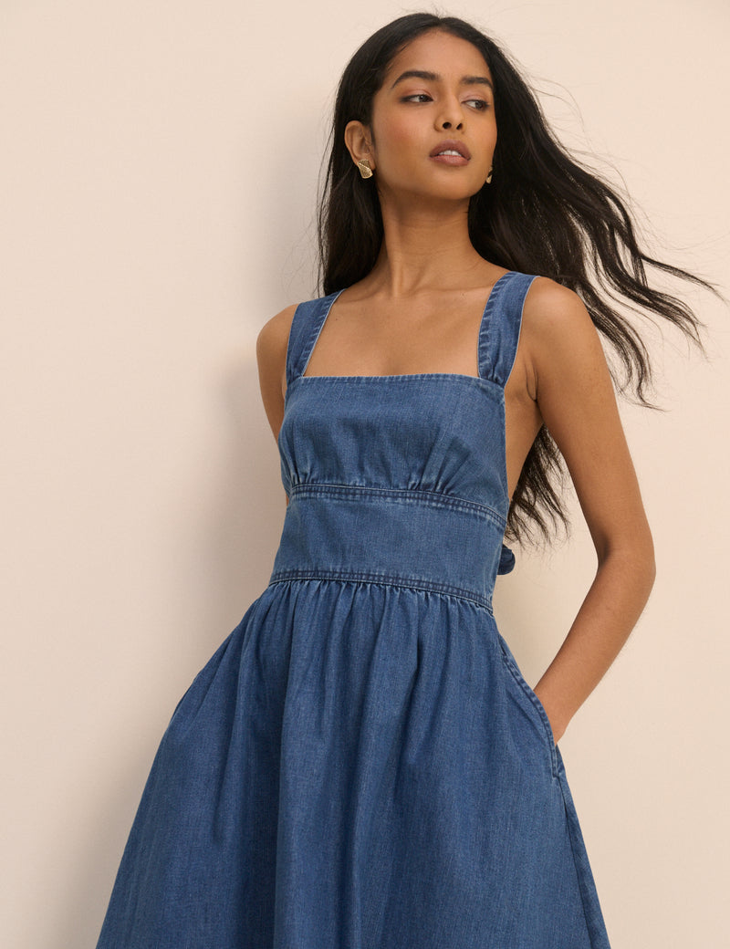 Mid Wash Denim Tie-Back Pedro Midi Dress