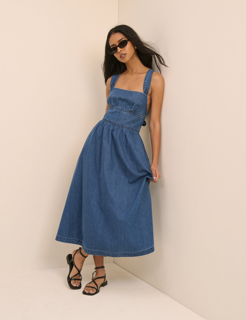 Mid Wash Denim Tie-Back Pedro Midi Dress
