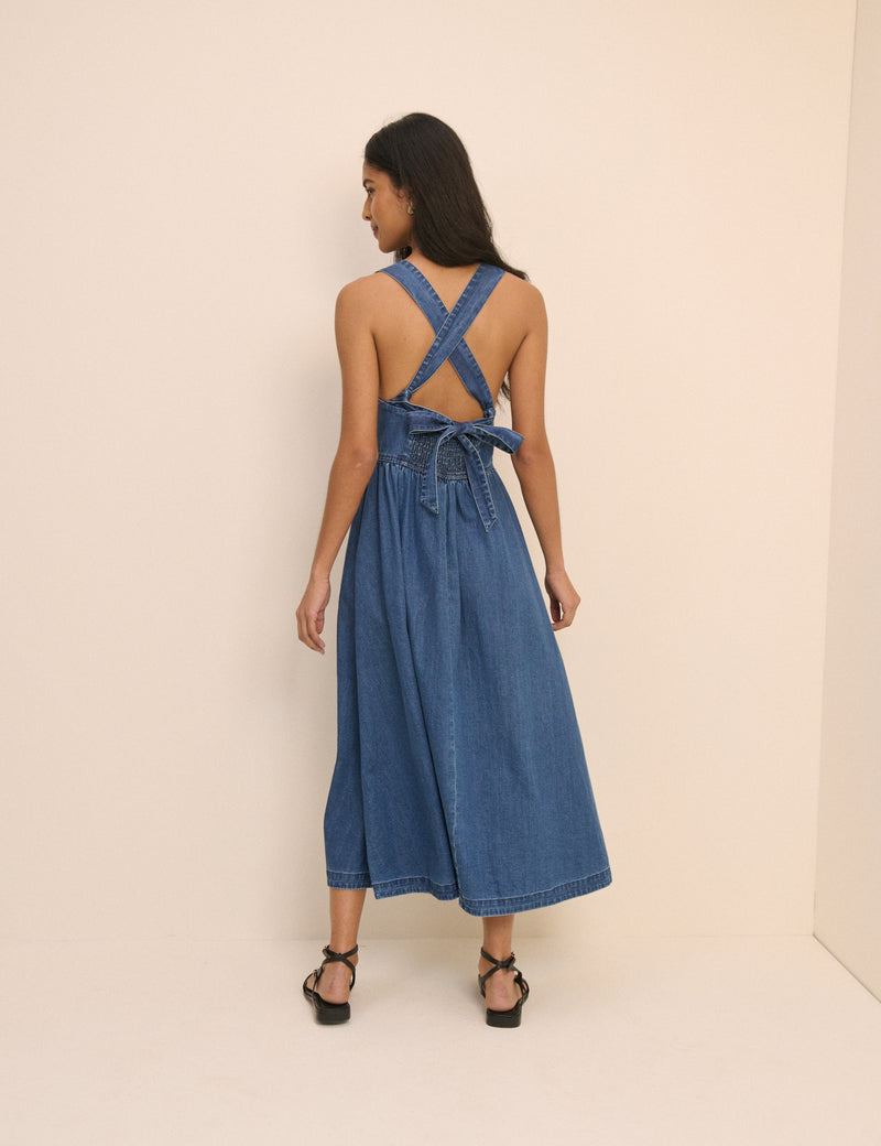 Mid Wash Denim Tie-Back Pedro Midi Dress