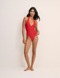 Red Halterneck Plunge Swimsuit