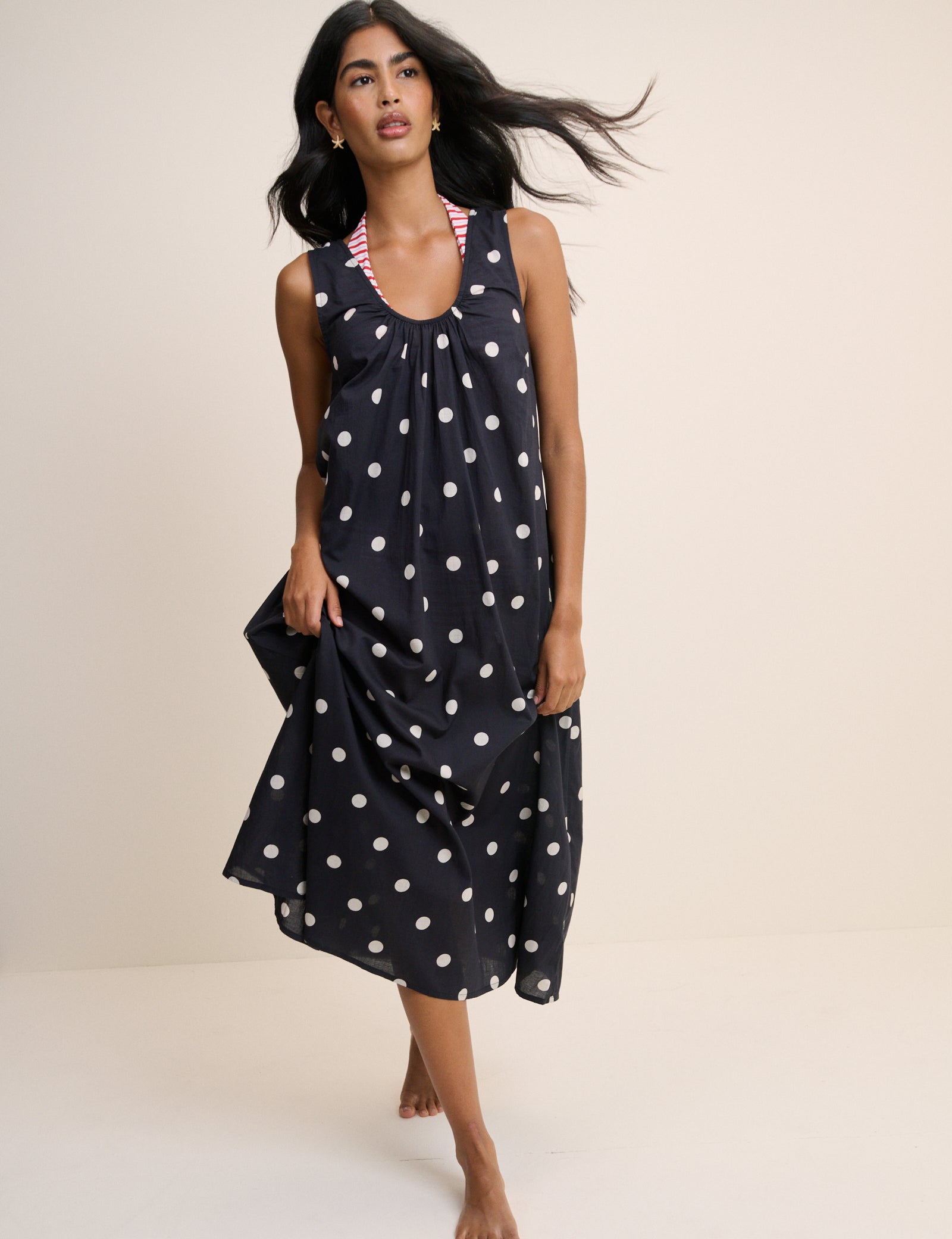 Black Polka Dot Scoop Neck Midi Beach Dress