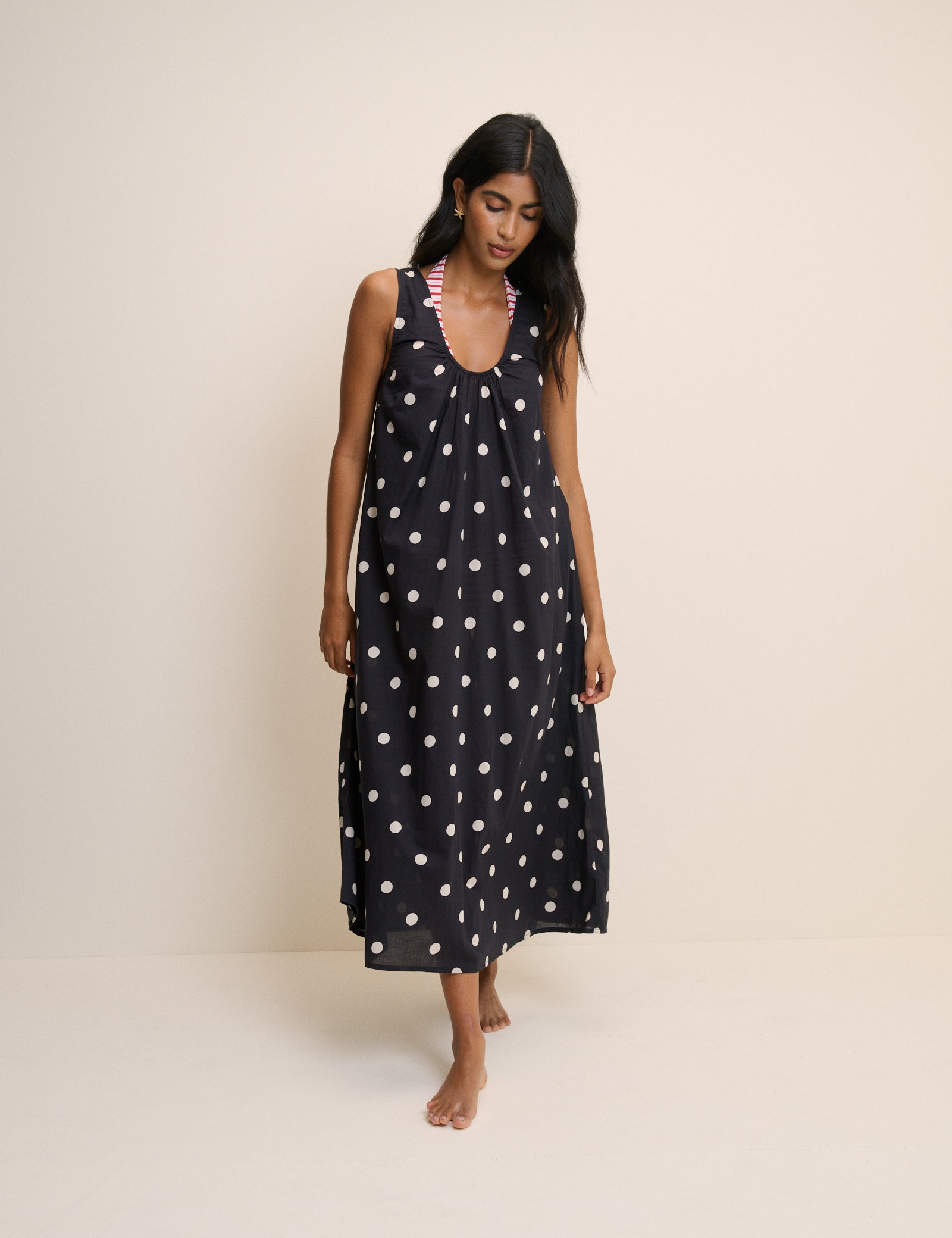Black Polka Dot Scoop Neck Midi Beach Dress