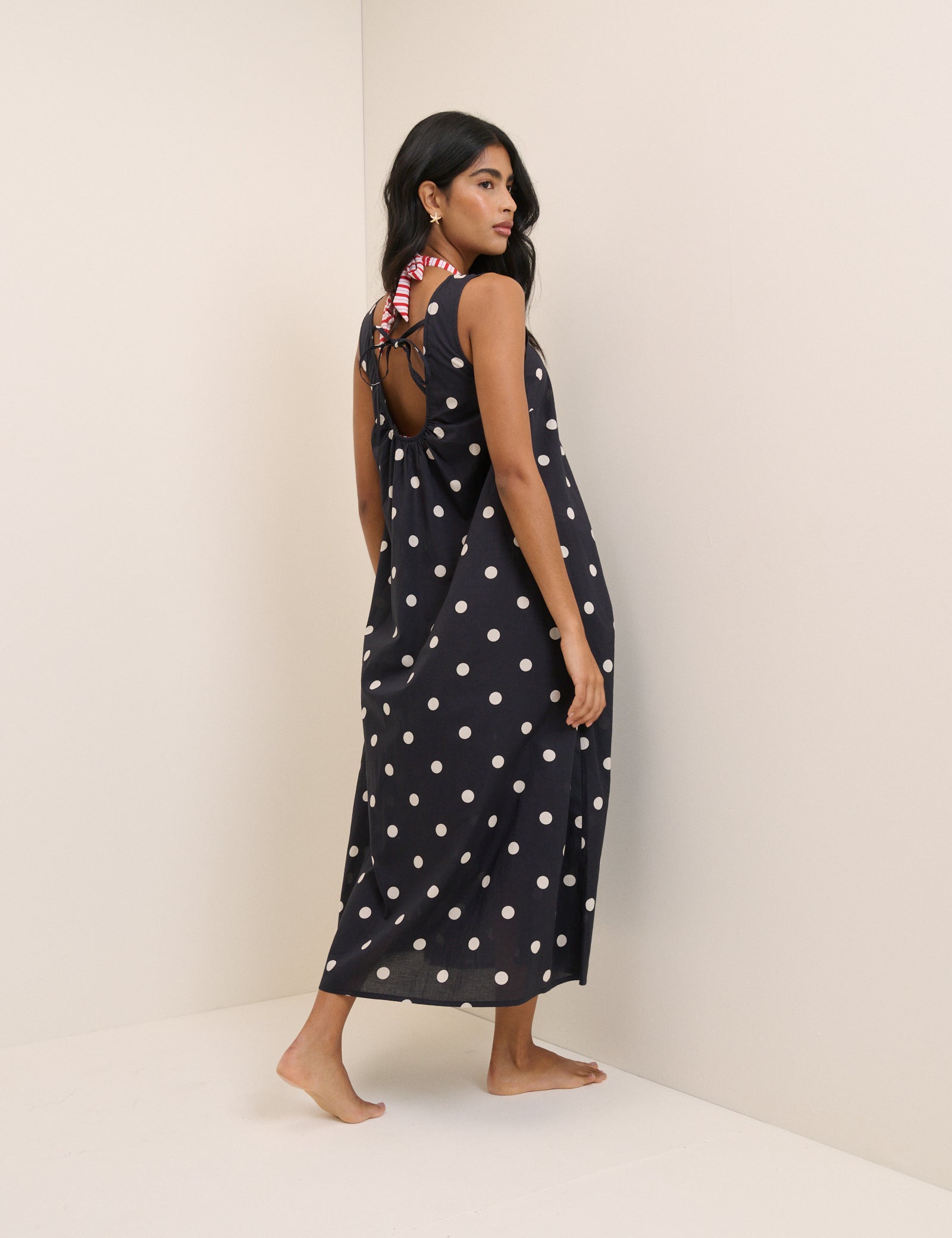 Black Polka Dot Scoop Neck Midi Beach Dress