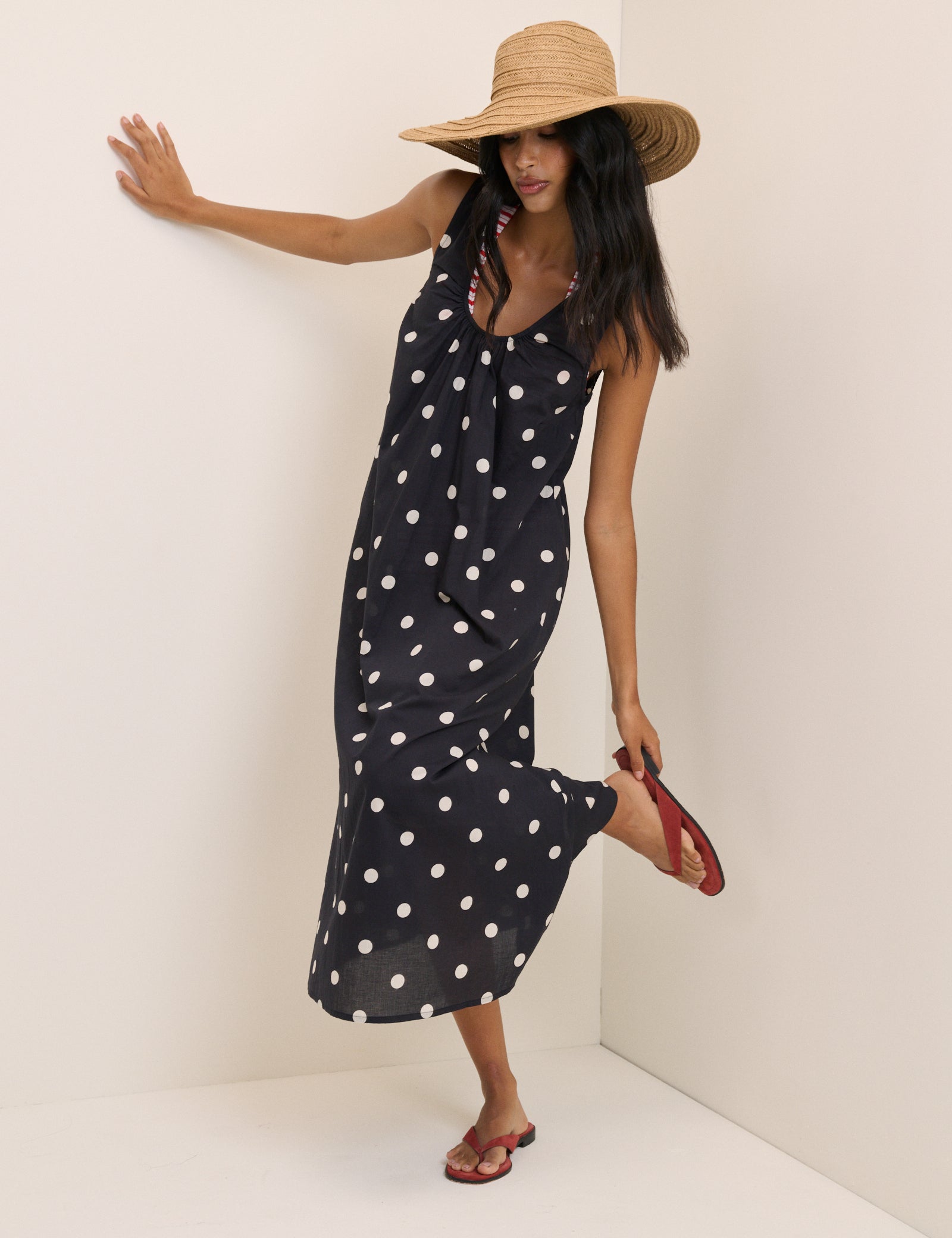 Black Polka Dot Scoop Neck Midi Beach Dress