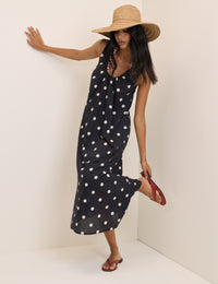 Black Polka Dot Scoop Neck Midi Beach Dress