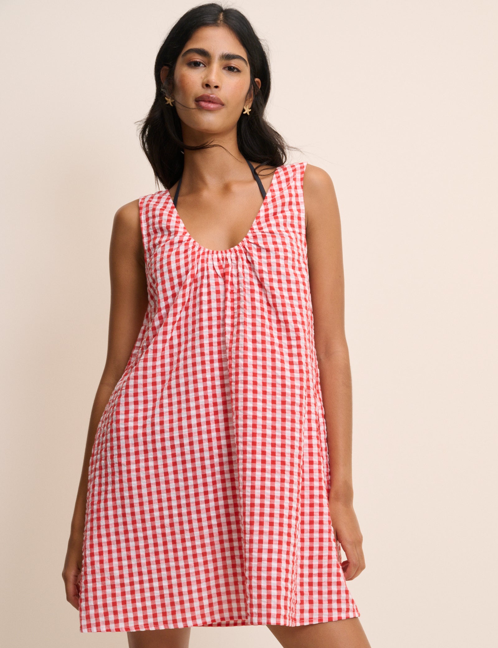 Red Gingham Scoop Neck Mini Beach Dress Red Gingham Scoop Neck Mini Beach Dress