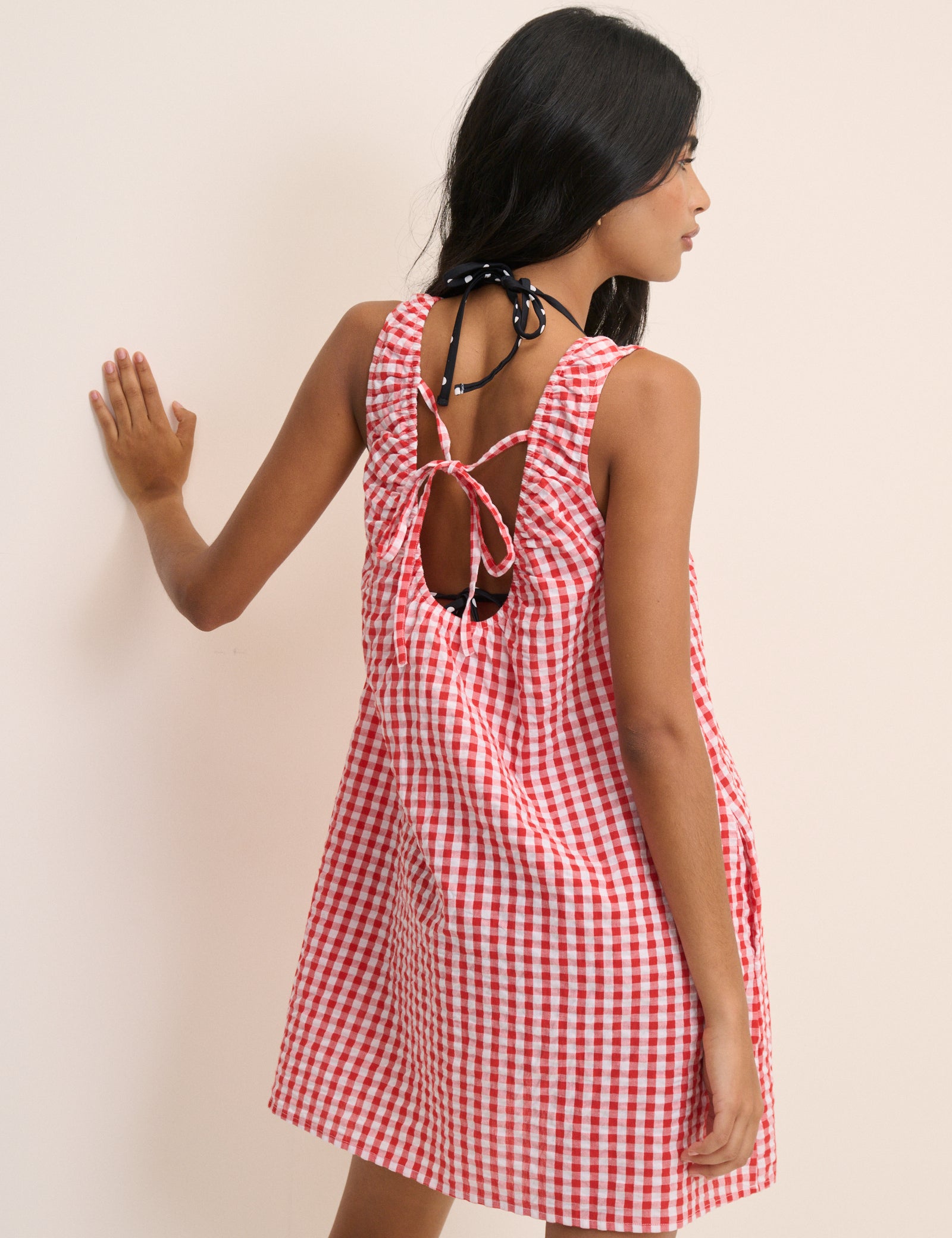 Red Gingham Scoop Neck Mini Beach Dress Red Gingham Scoop Neck Mini Beach Dress