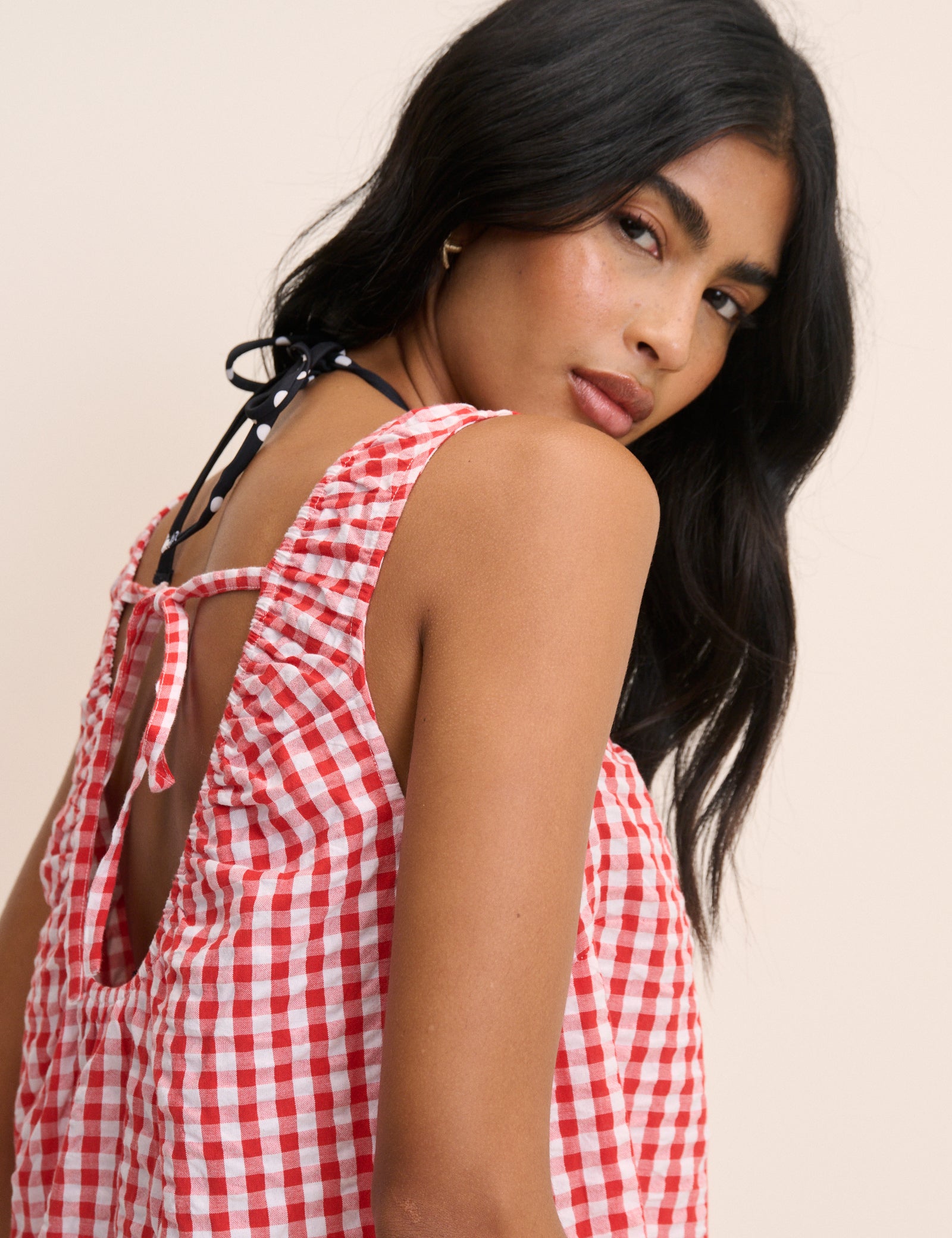Red Gingham Scoop Neck Mini Beach Dress Red Gingham Scoop Neck Mini Beach Dress