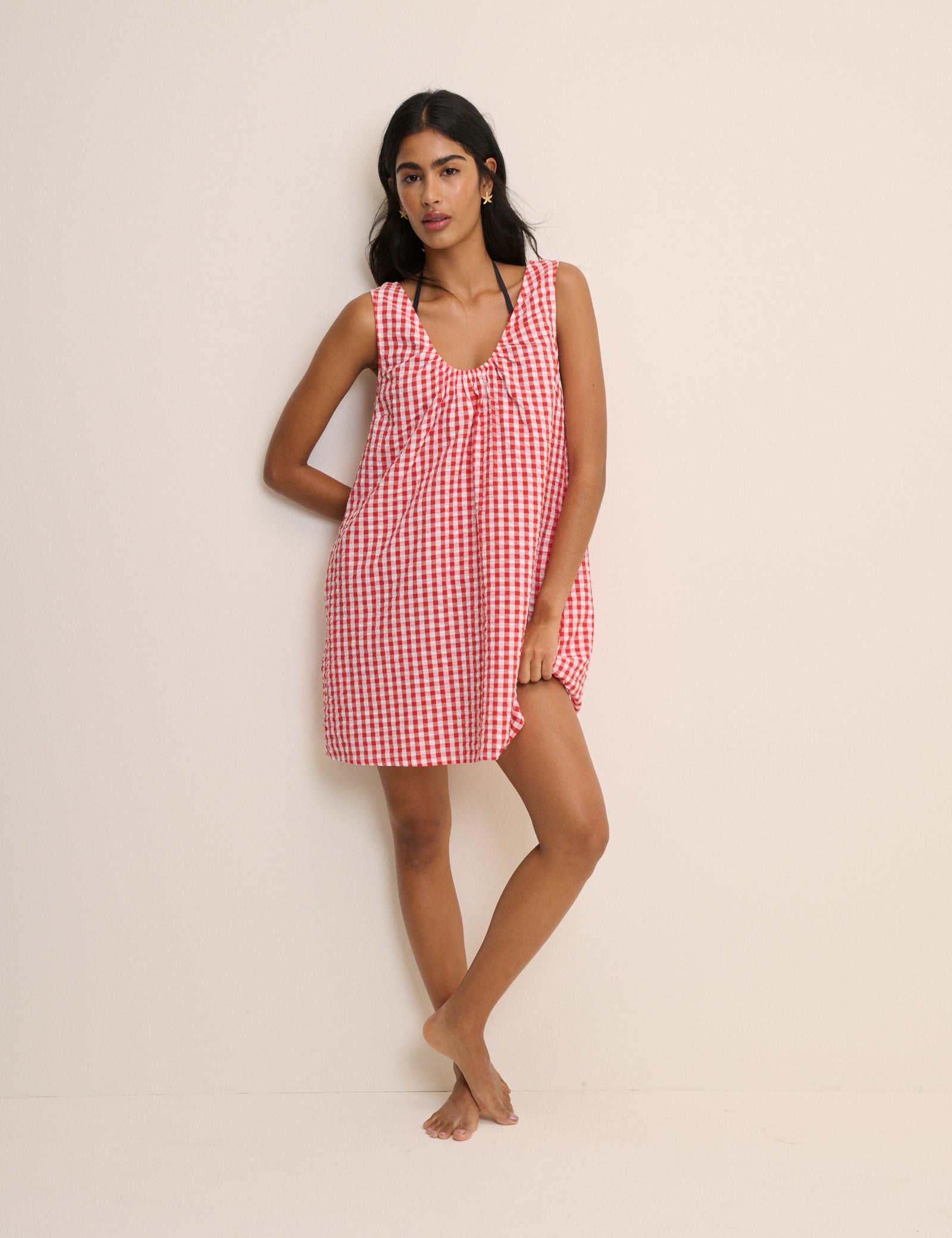Red Gingham Scoop Neck Mini Beach Dress