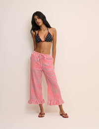 Red Gingham Frill Edge Beach Trousers