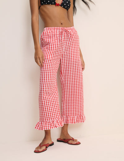 Red Gingham Frill Edge Beach Trousers