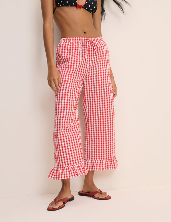 Red Gingham Frill Edge Beach Trousers