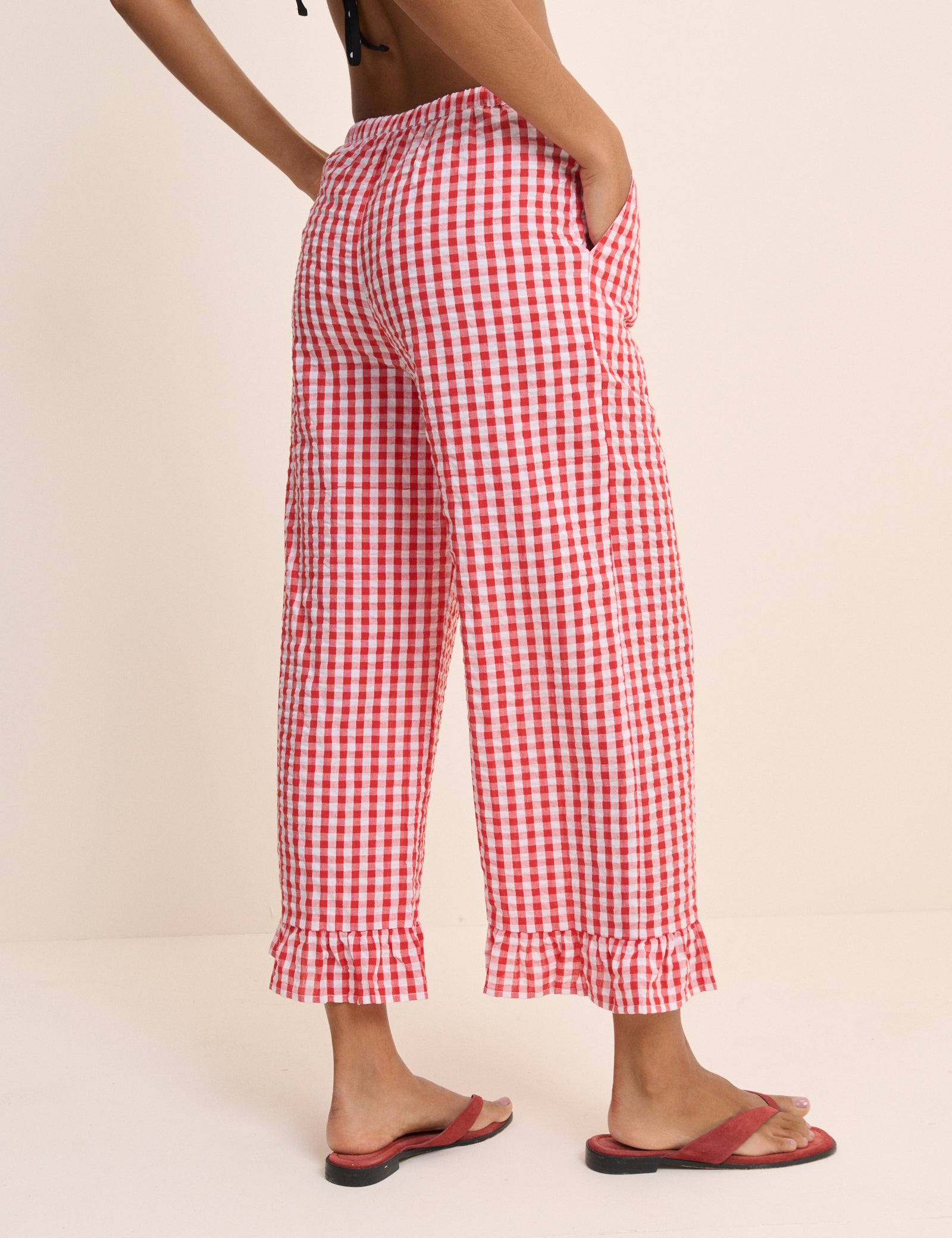 Red Gingham Frill Edge Beach Trousers