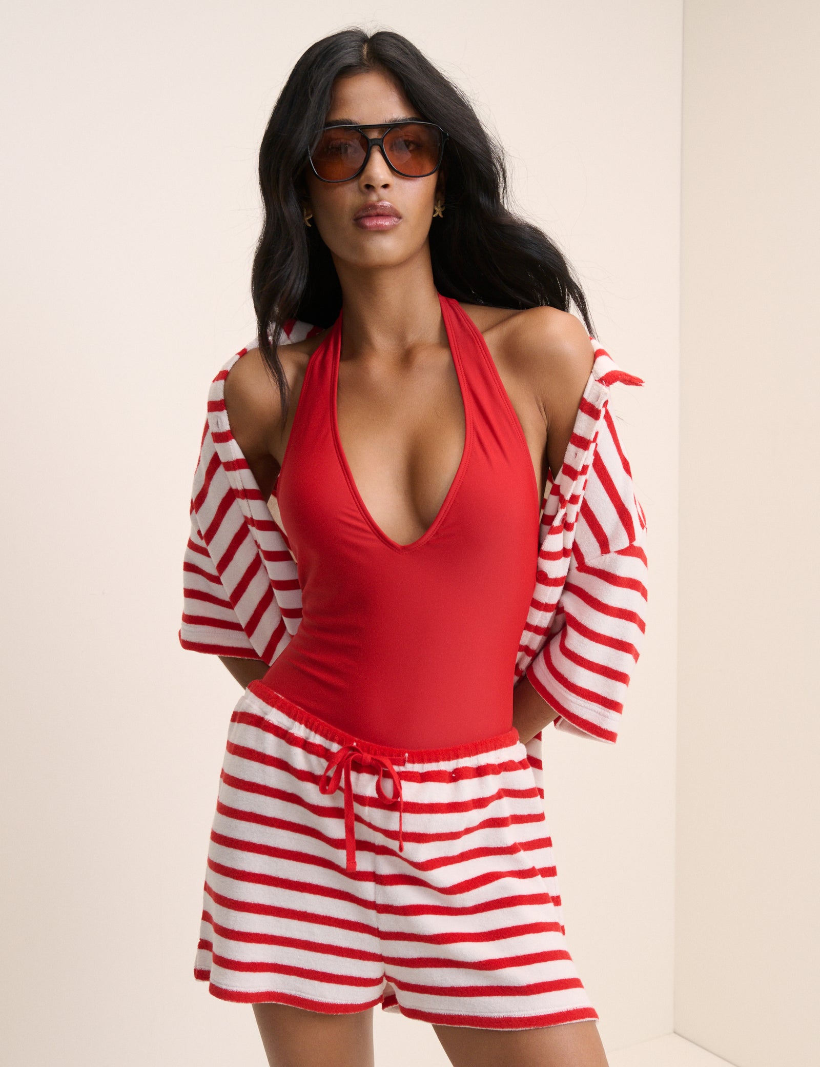 Red Striped Towelling Beach Short