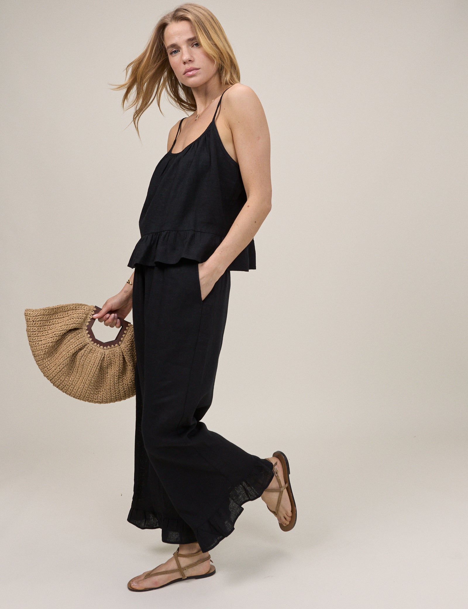 Black Linen-Blend Cropped Sia Trouser