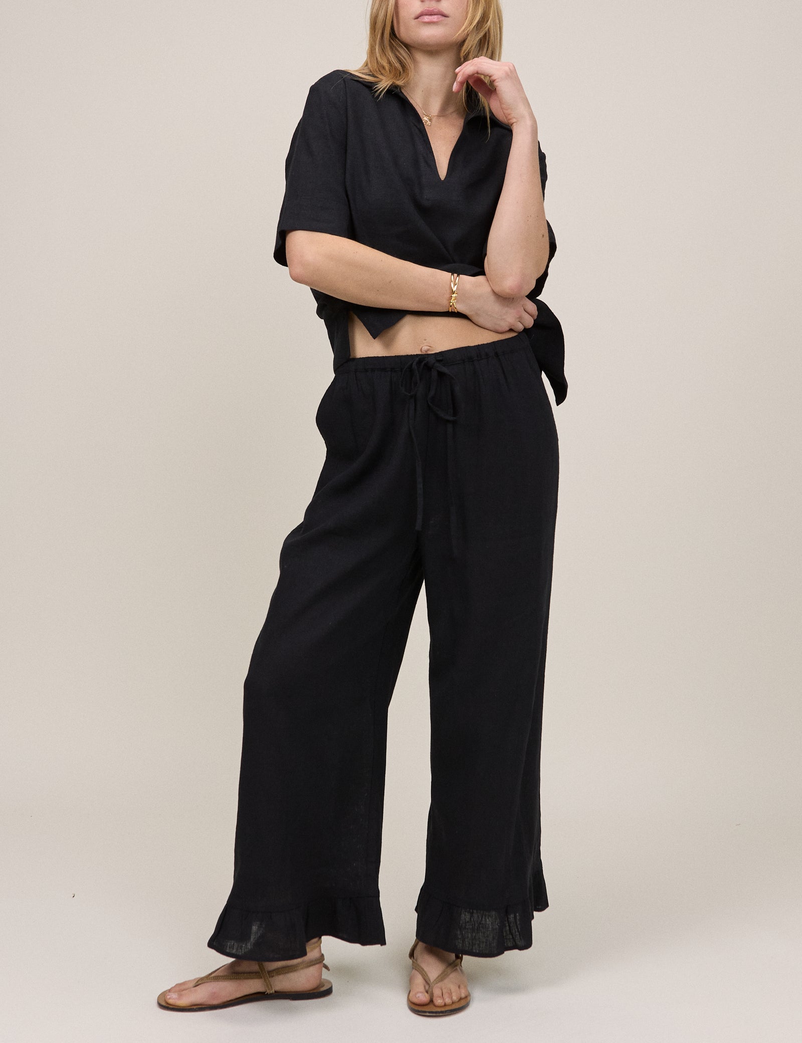 Black Linen-Blend Cropped Sia Trousers