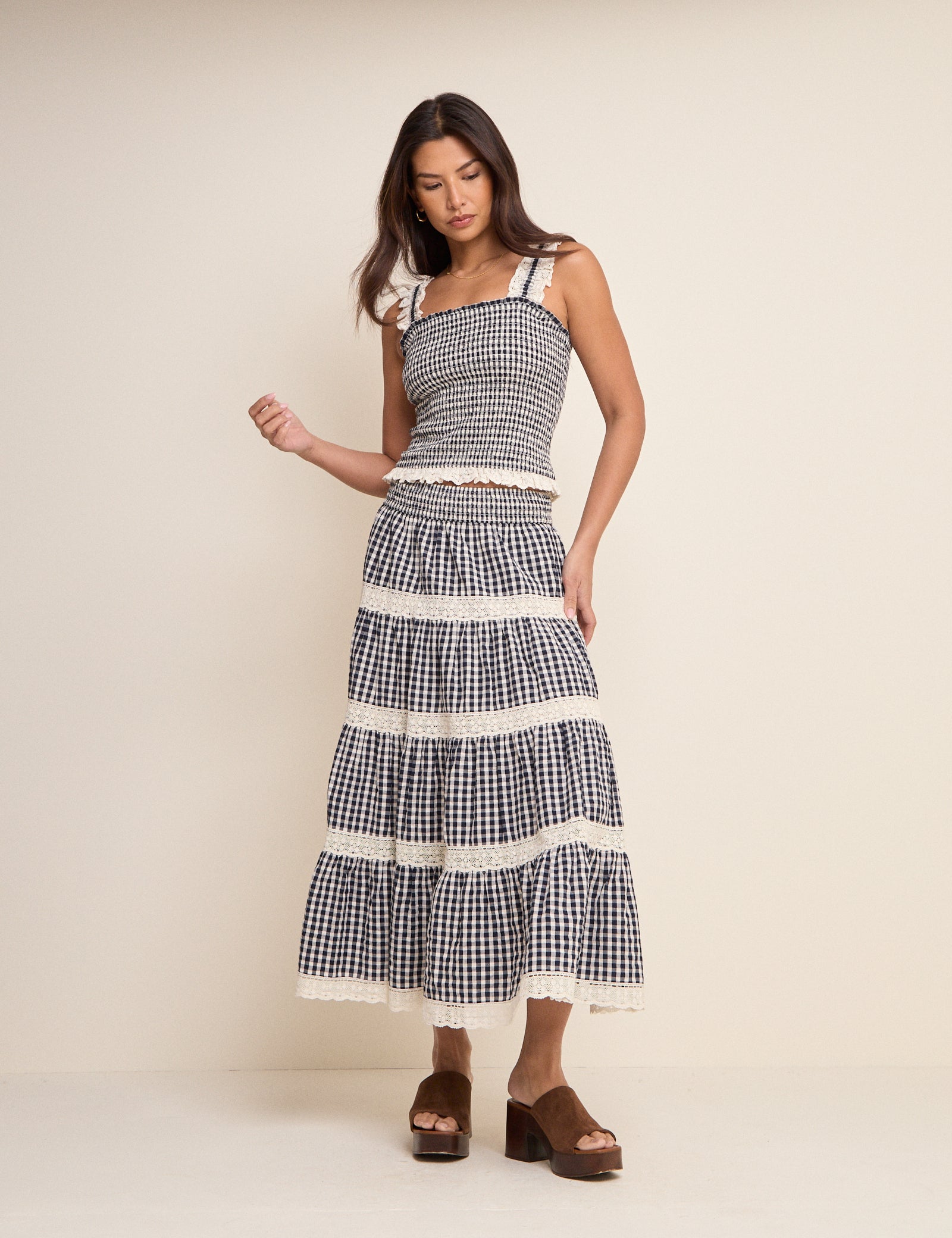 Navy Gingham Shirred Ruffle Trim Top
