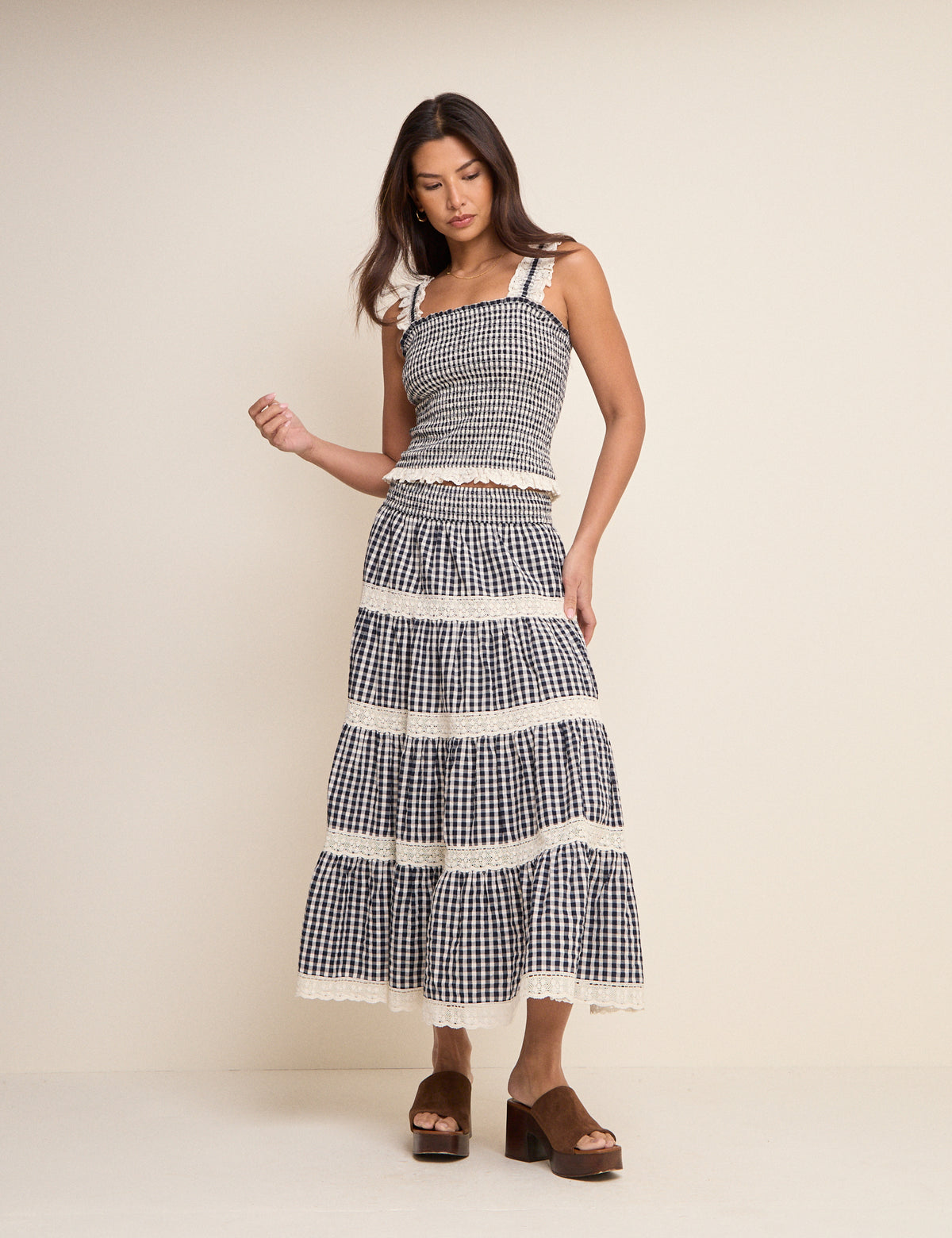 Navy Gingham Shirred Ruffle Trim Top