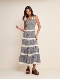 Navy Gingham Shirred Ruffle Trim Top