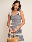Navy Gingham Shirred Ruffle Trim Top