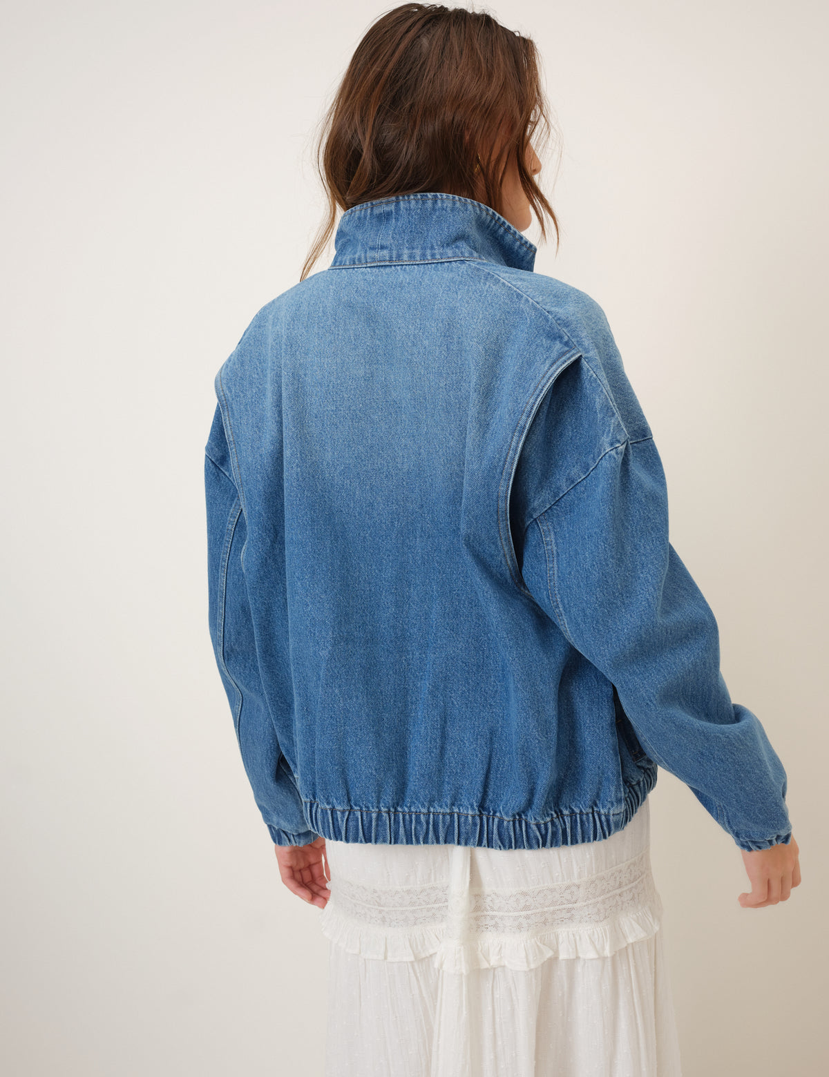Denim Funnel Neck Bomber Jacket