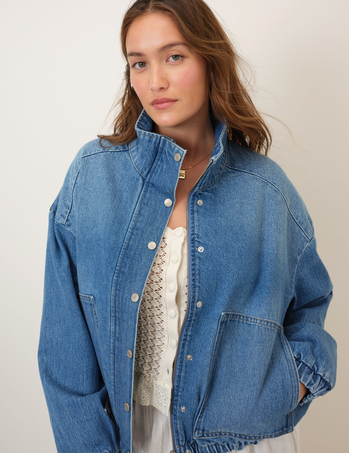 Denim Funnel Neck Bomber Jacket