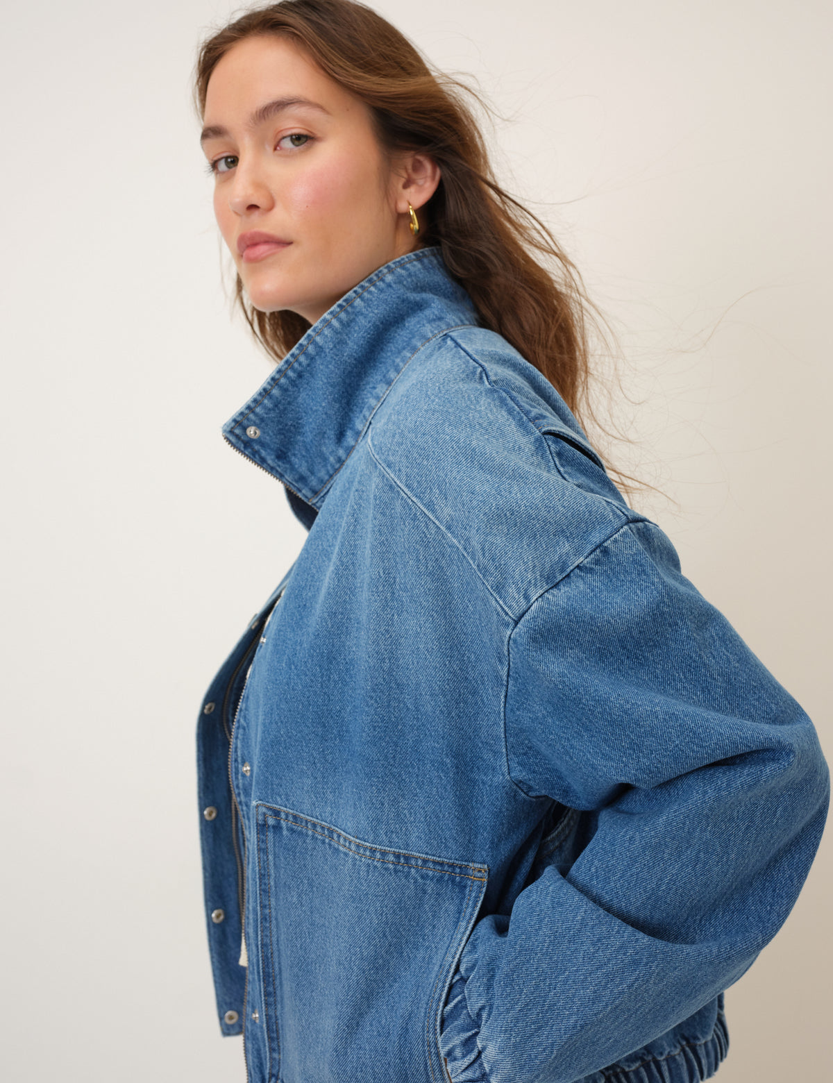 Denim Funnel Neck Bomber Jacket