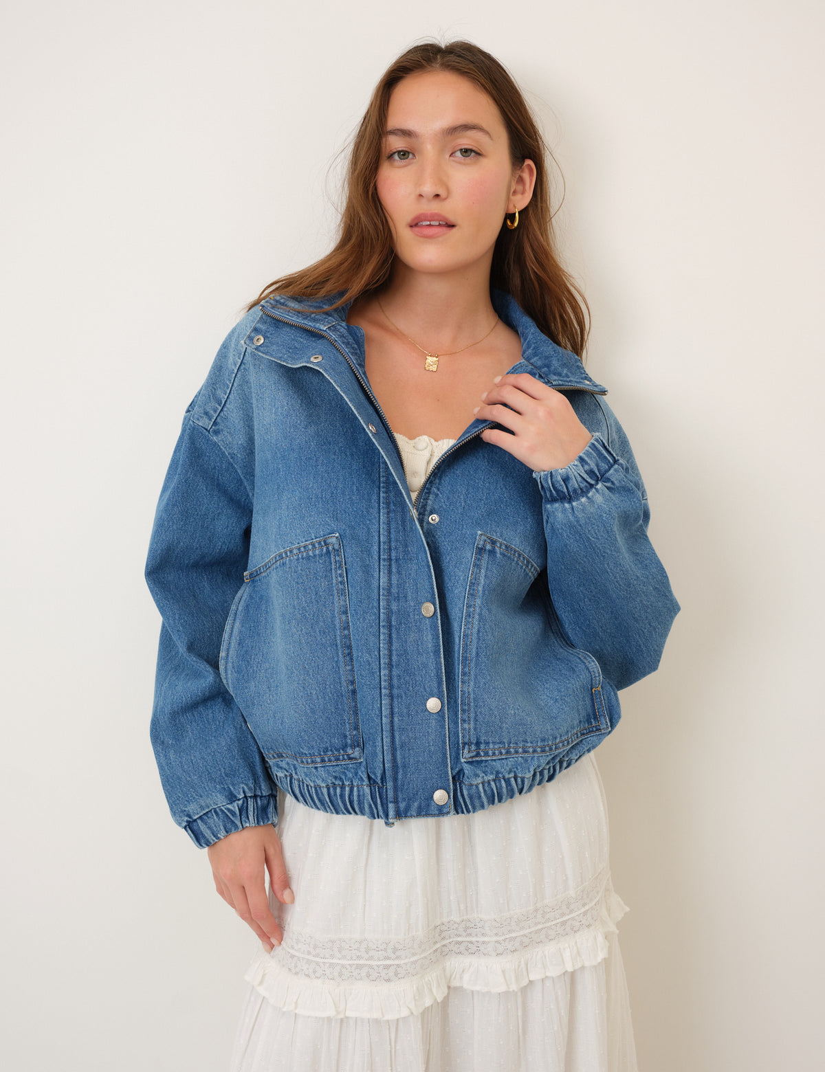 Denim Funnel Neck Bomber Jacket