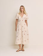 Light Pink Striped Puff Sleeve Yardley Midi Dress