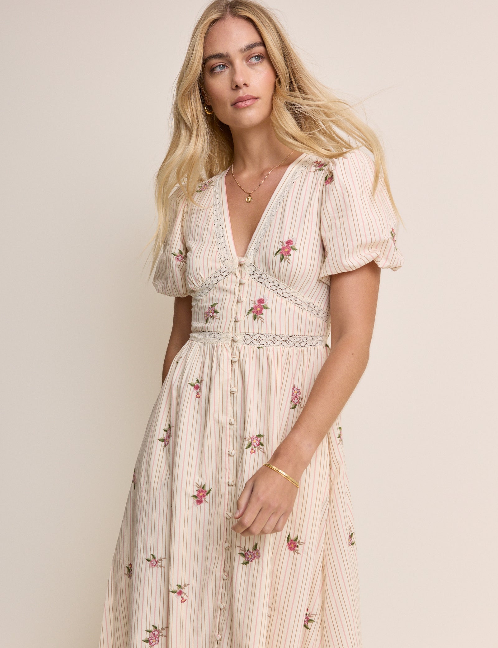 Light Pink Striped Puff Sleeve Yardley Midi Dress