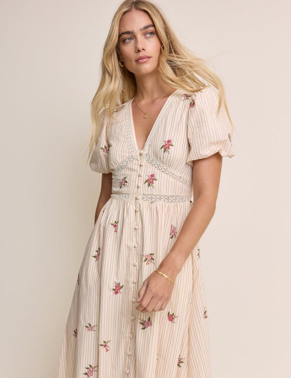 Light Pink Striped Puff Sleeve Yardley Midi Dress