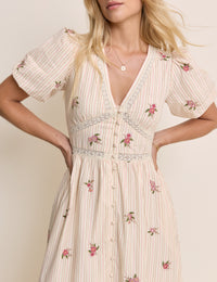 Light Pink Striped Puff Sleeve Yardley Midi Dress