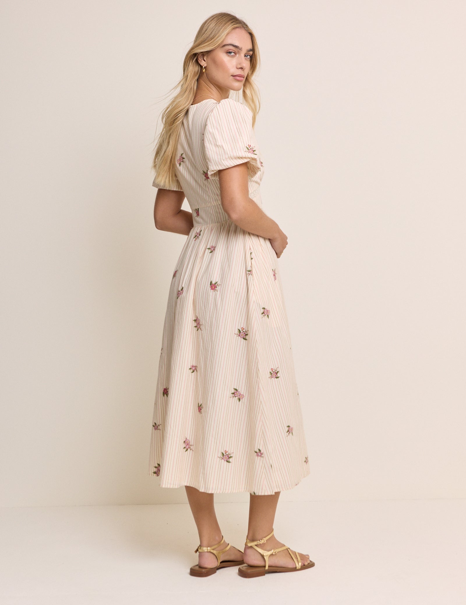 Light Pink Striped Puff Sleeve Yardley Midi Dress