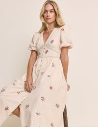 Light Pink Striped Puff Sleeve Yardley Midi Dress