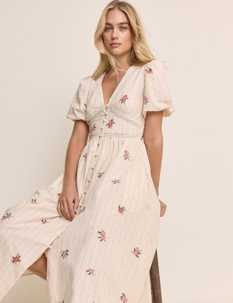 Light Pink Striped Puff Sleeve Yardley Midi Dress