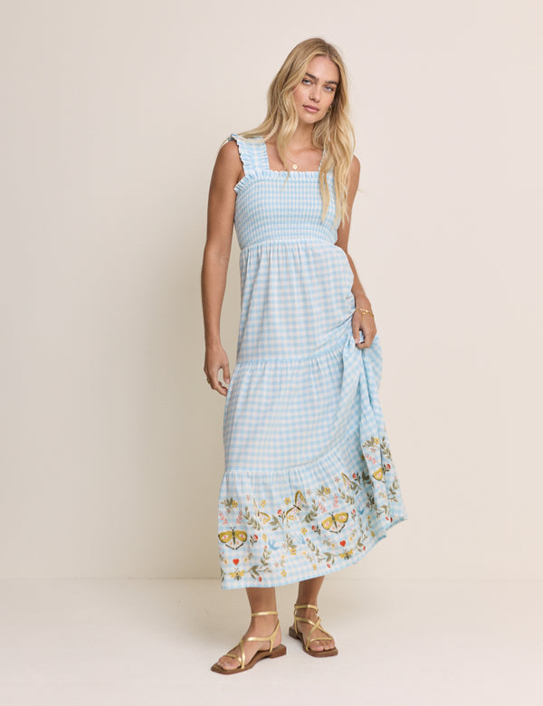 Blue Gingham Embroidered Stacey Midi Dress