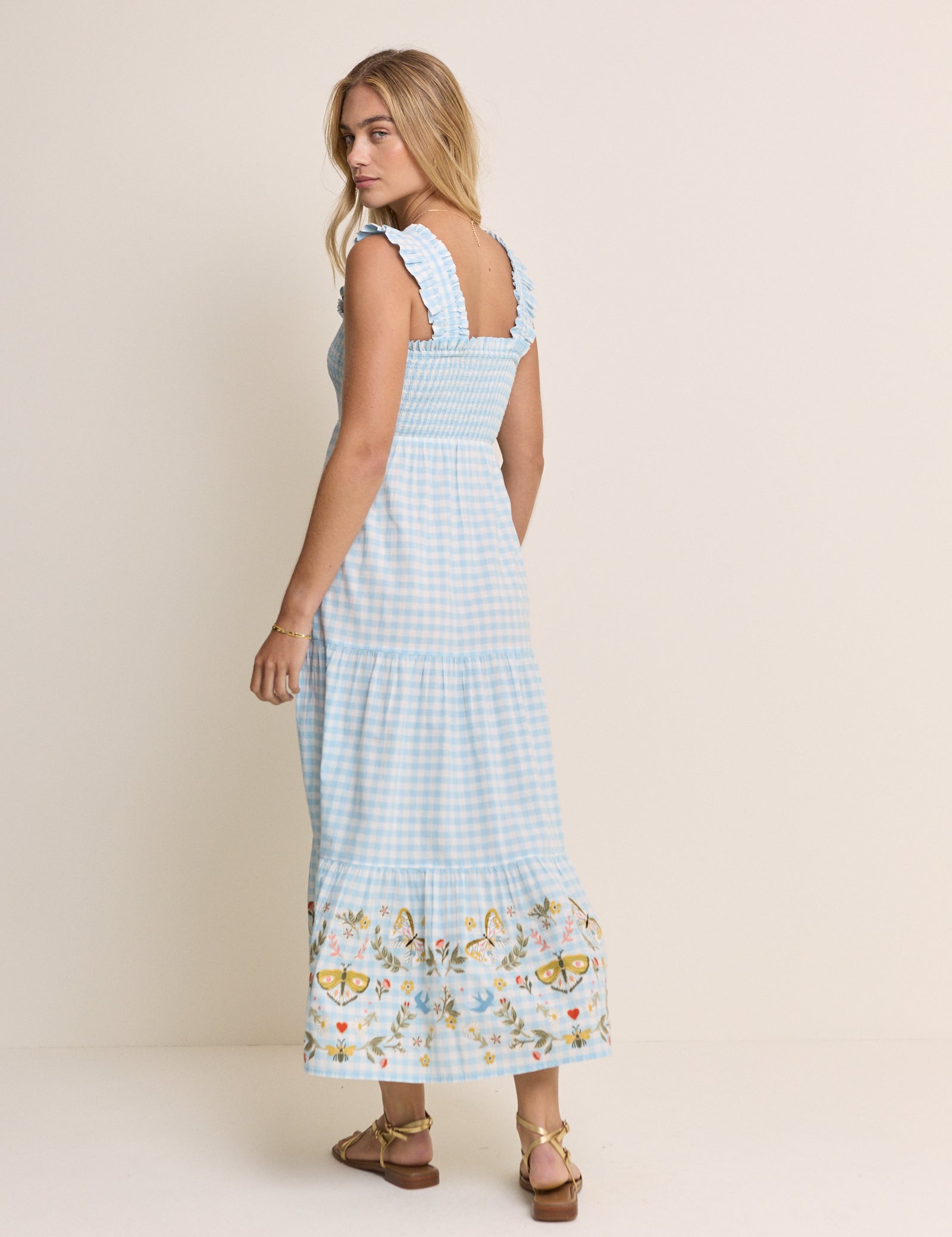 Blue Gingham Embroidered Stacey Midi Dress