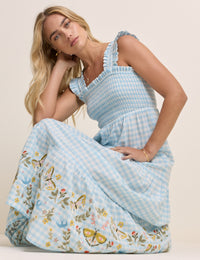 Blue Gingham Embroidered Stacey Midi Dress