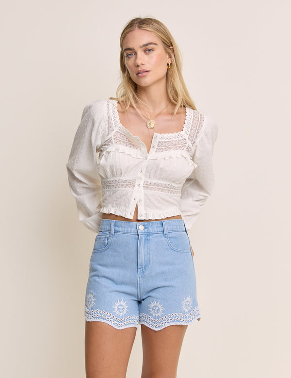 Light Blue Embroidered Scallop Denim Shorts