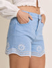 Light Wash Embroidered Scallop Denim Shorts