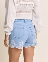 Light Wash Embroidered Scallop Denim Shorts