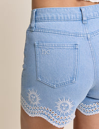 Light Wash Embroidered Scallop Denim Shorts
