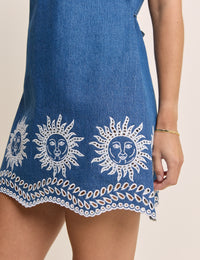 Mid Wash Embroidered Denim Mini Dress