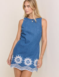 Mid Wash Embroidered Denim Mini Dress