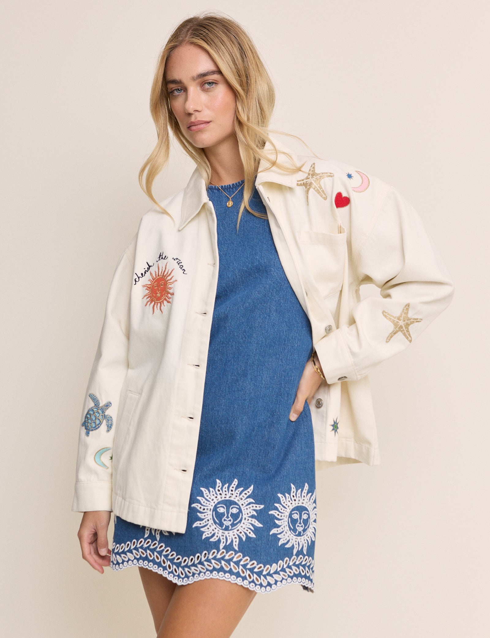 Mid Wash Embroidered Denim Mini Dress