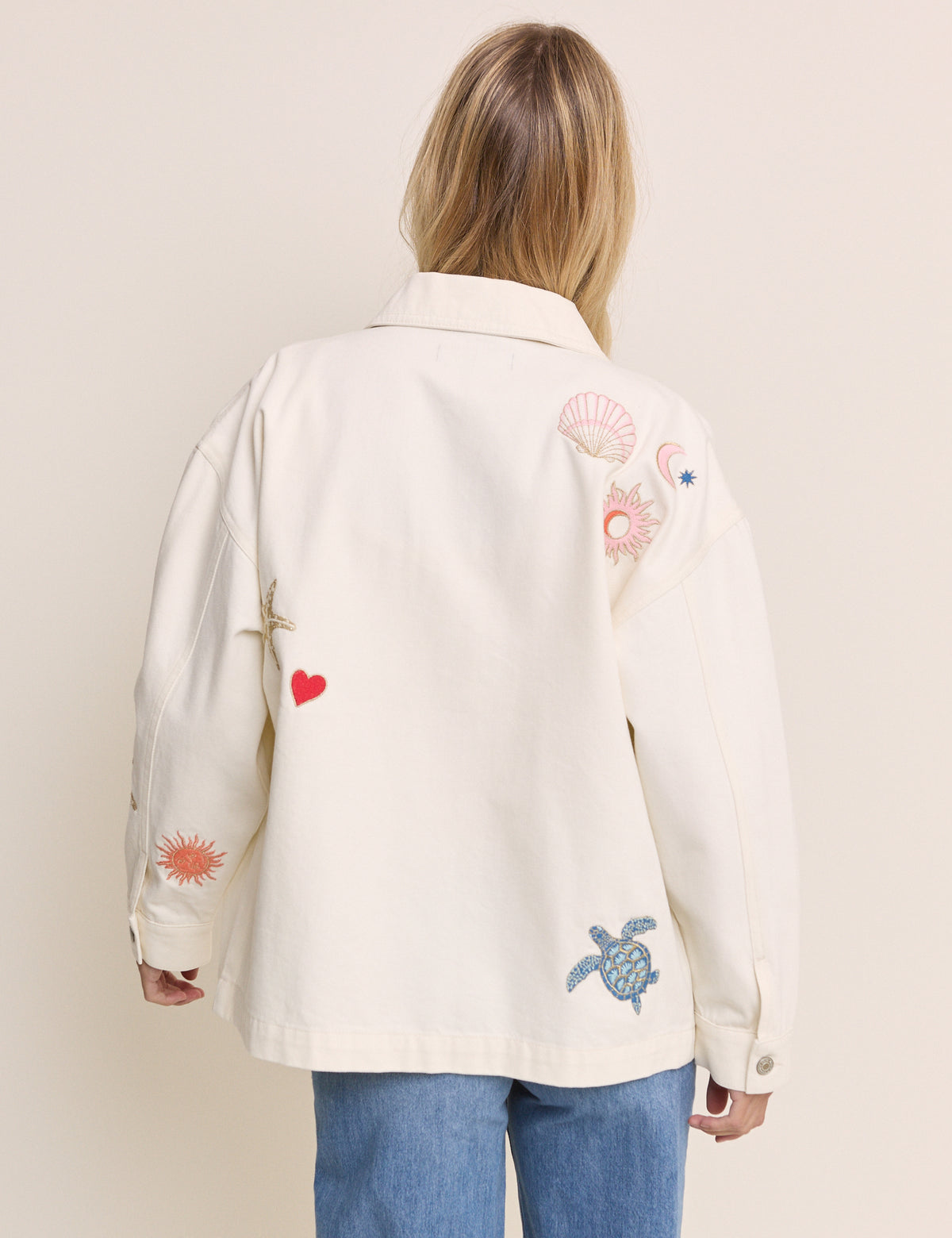Cream Embroidered Denim Shacket