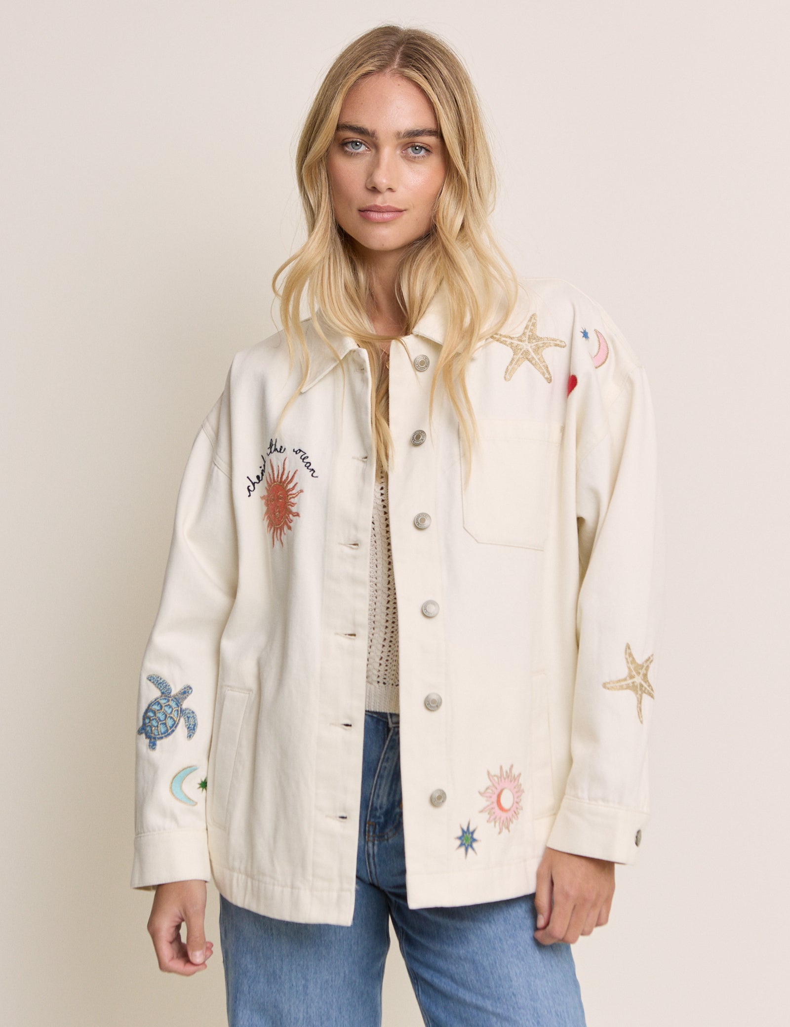 Cream Embroidered Denim Shacket