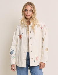 Cream Embroidered Denim Shacket